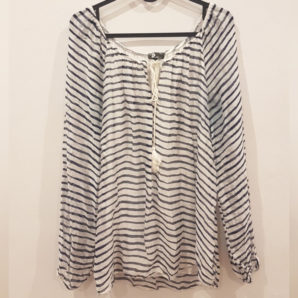 M Made in Italy Silk Blend Stripped Boho Tie Neck Peasant Blouse